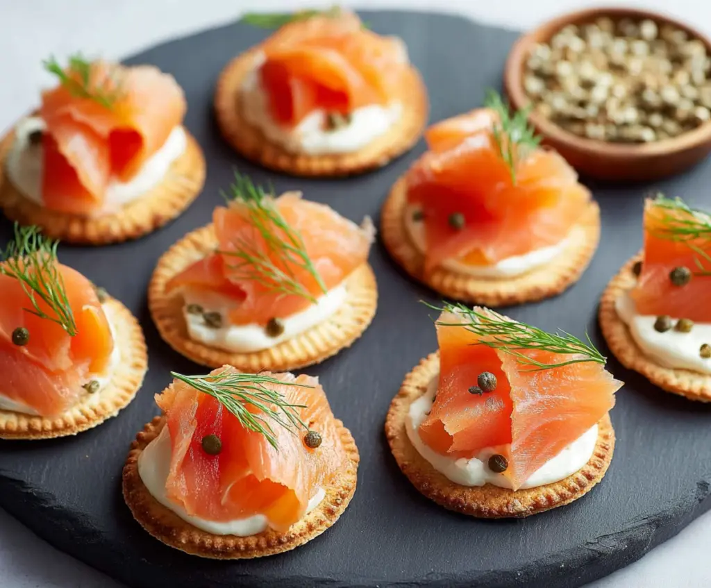 Delicious smoked salmon canapés with fresh herbs on a elegant serving platter