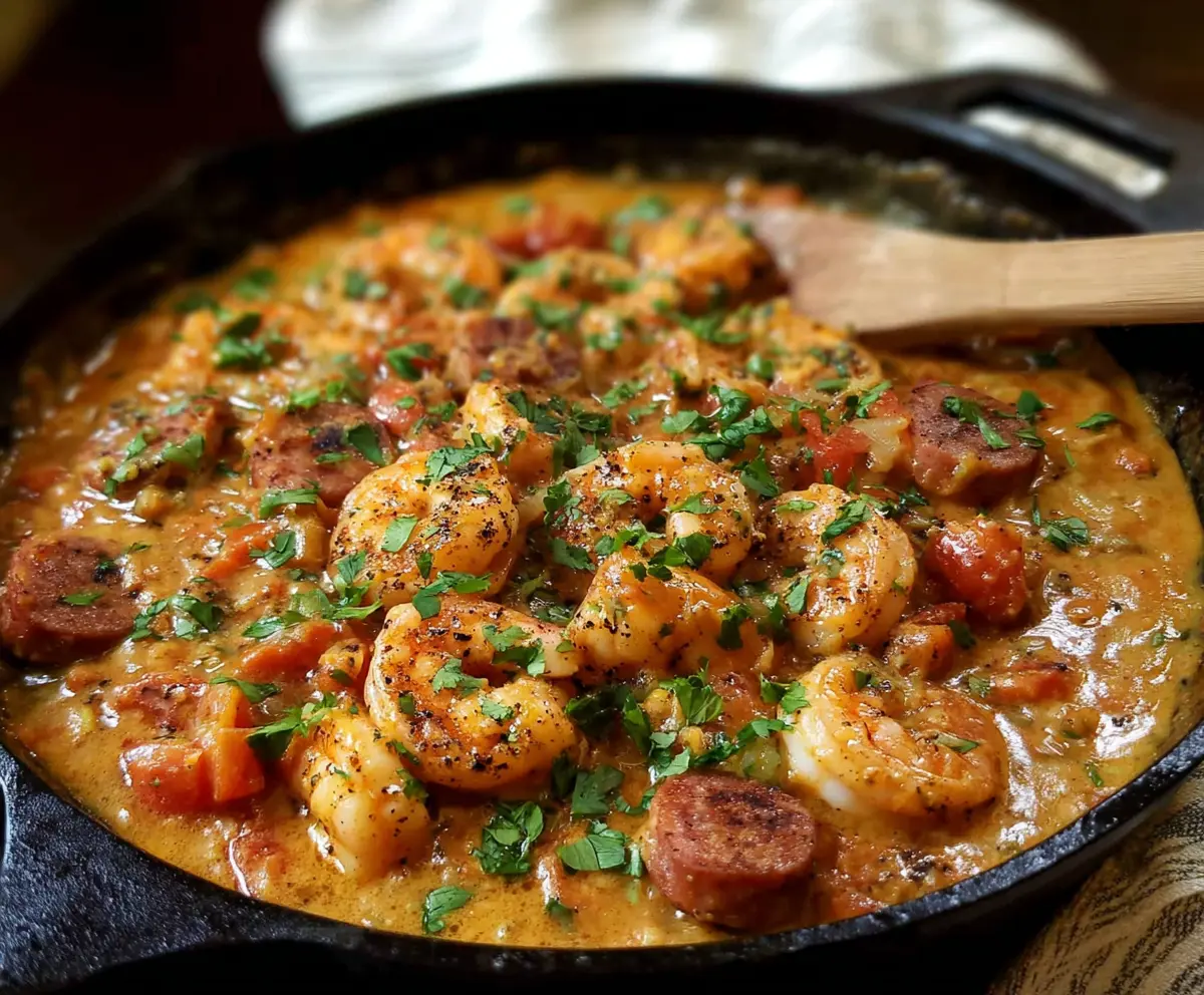 Delicious smothered shrimp and sausage served with flavorful sauce and fresh herbs.