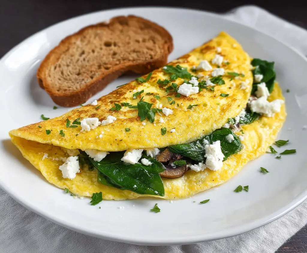 Delicious spinach and feta omelet garnished with fresh herbs on a breakfast plate.
