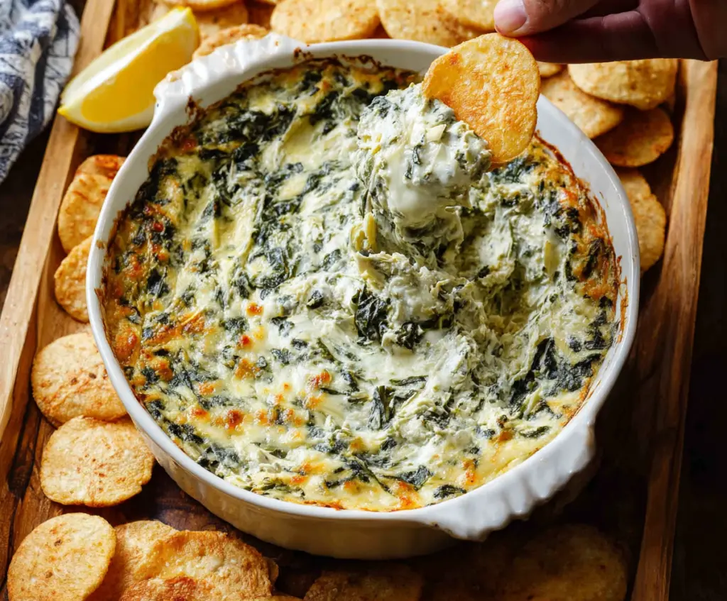 Creamy spinach and artichoke dip served with tortilla chips, perfect for parties.