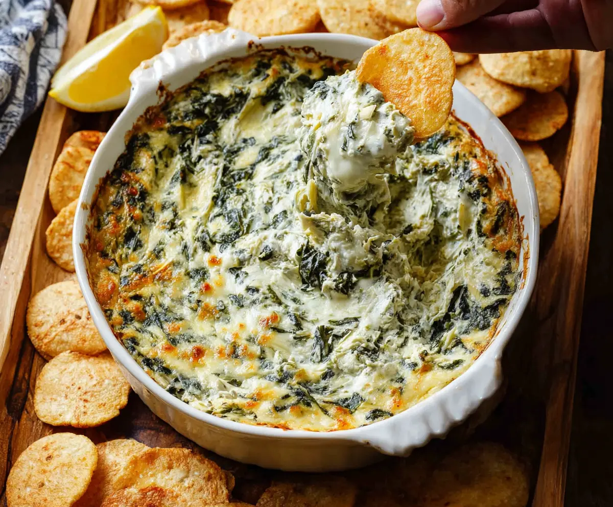 Creamy spinach and artichoke dip served with tortilla chips, perfect for parties.