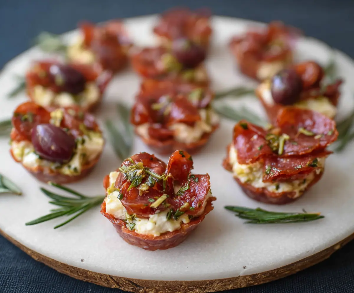 Delicious 3 Ingredient Boursin Cheese Salami Cups served on a white plate, perfect for appetizer snacks.