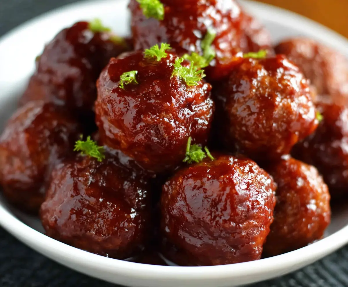 Delicious 3 Ingredient Crockpot BBQ Meatballs in a slow cooker ready to serve