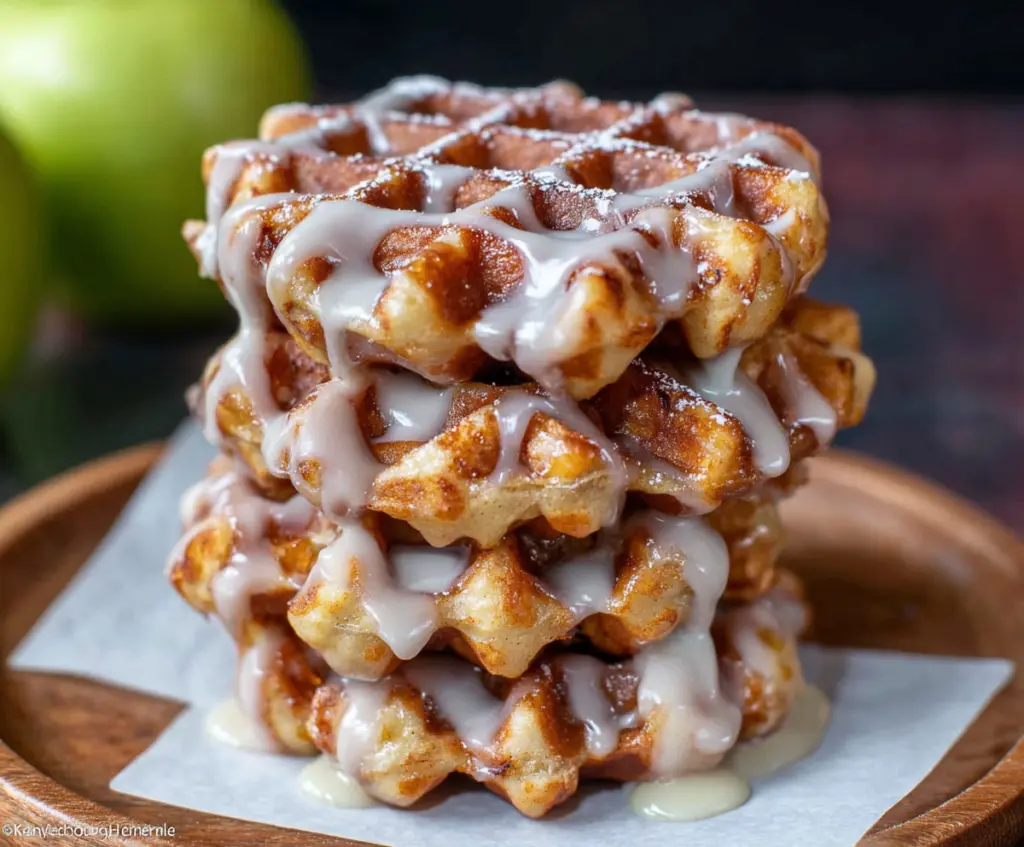 Delicious apple fritter waffle donuts topped with cinnamon sugar and fresh apple slices