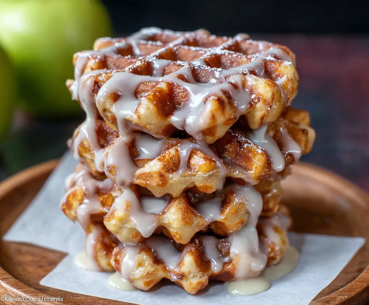Delicious apple fritter waffle donuts topped with cinnamon sugar and fresh apple slices