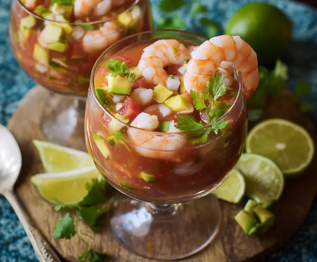 Delicious authentic Mexican shrimp cocktail served in a glass bowl with fresh herbs and lemon slices.