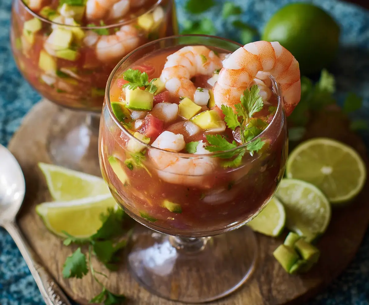 Delicious authentic Mexican shrimp cocktail served in a glass bowl with fresh herbs and lemon slices.