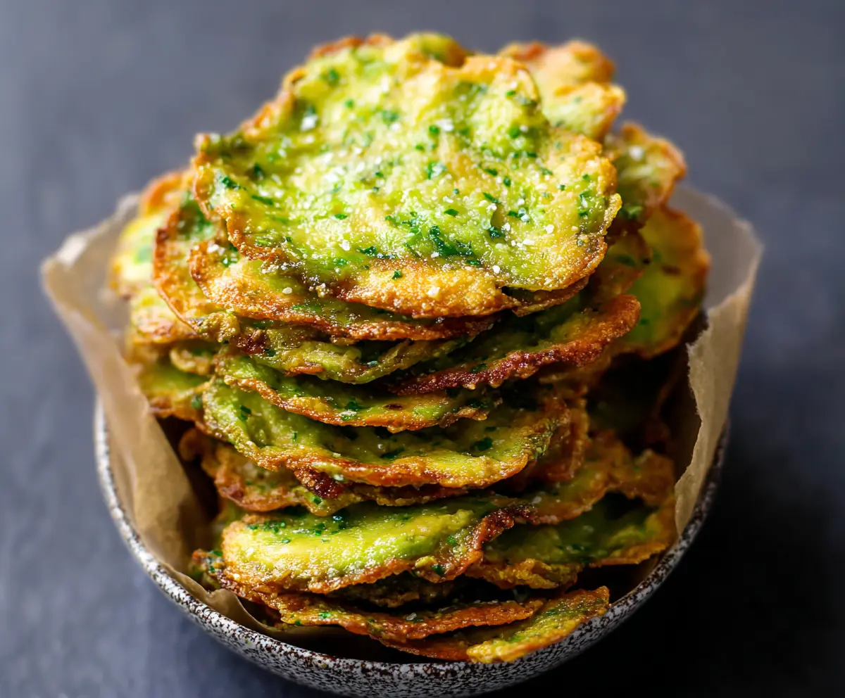 Crispy homemade avocado chips on a plate, healthy snack option