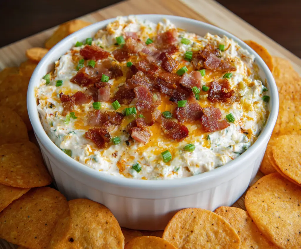 Creamy Bacon Cheddar Ranch Dip served in a bowl with crispy bacon bits and fresh herbs.