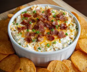 Creamy Bacon Cheddar Ranch Dip served in a bowl with crispy bacon bits and fresh herbs.