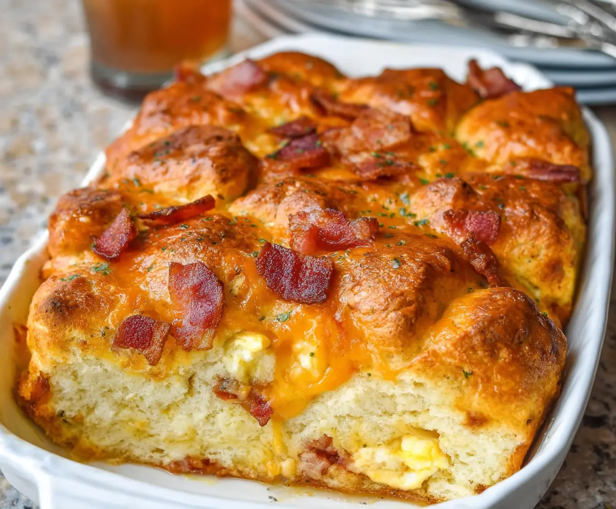 Delicious Bacon Egg and Cheese Biscuit Bake, a savory breakfast casserole with crispy bacon, fluffy eggs, and melted cheese on a golden biscuit base.