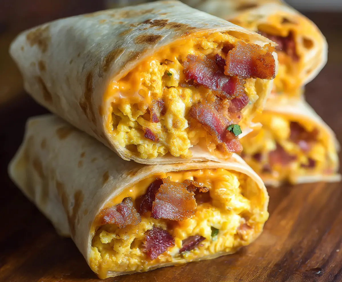 Delicious bacon and egg burrito wrapped in a tortilla, perfect for breakfast.