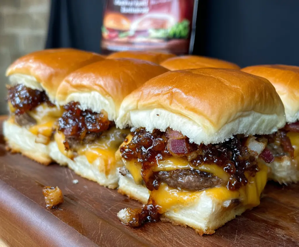 Delicious Bacon Jam Cheeseburger Sliders with melted cheese and crispy bacon on mini buns