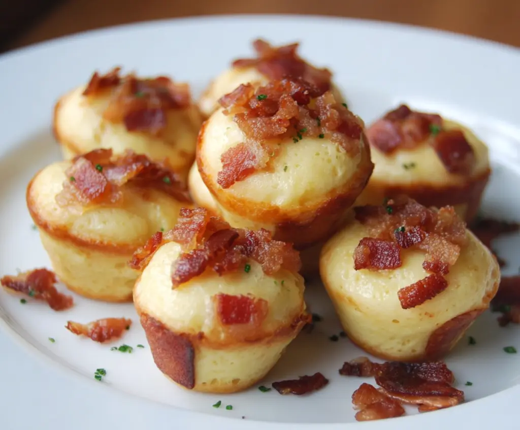 Delicious bacon pancake bites served on a plate with crispy bacon pieces and syrup