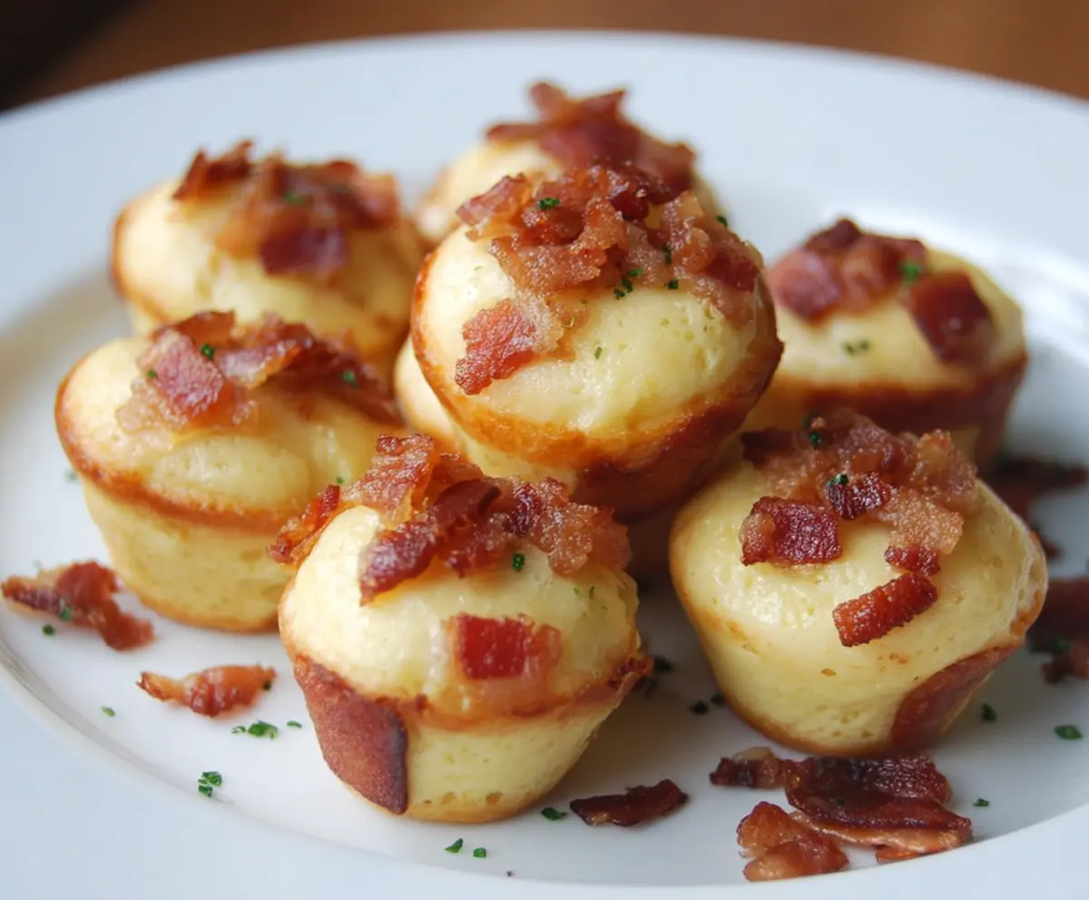 Delicious bacon pancake bites served on a plate with crispy bacon pieces and syrup