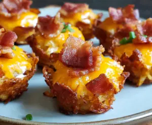 Bacon Tater Tot Cups served on a plate with melted cheese and fresh herbs.