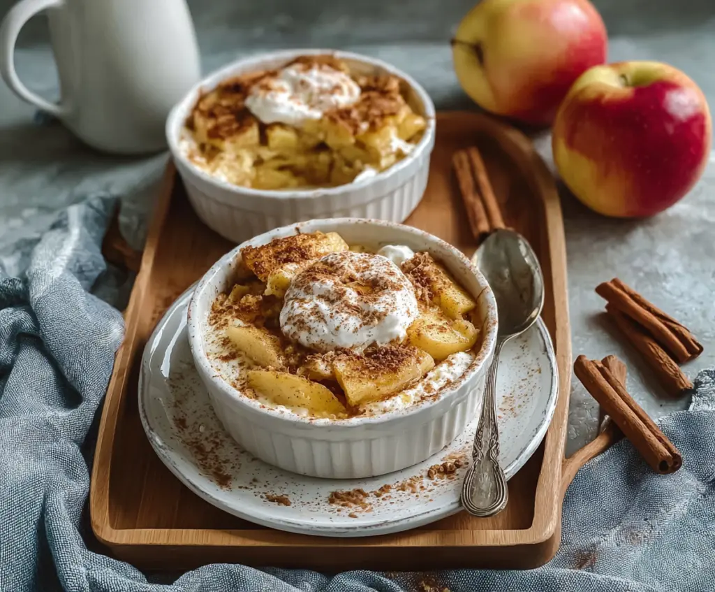 Delicious baked apple cinnamon cottage cheese breakfast served in a bowl with fresh ingredients.