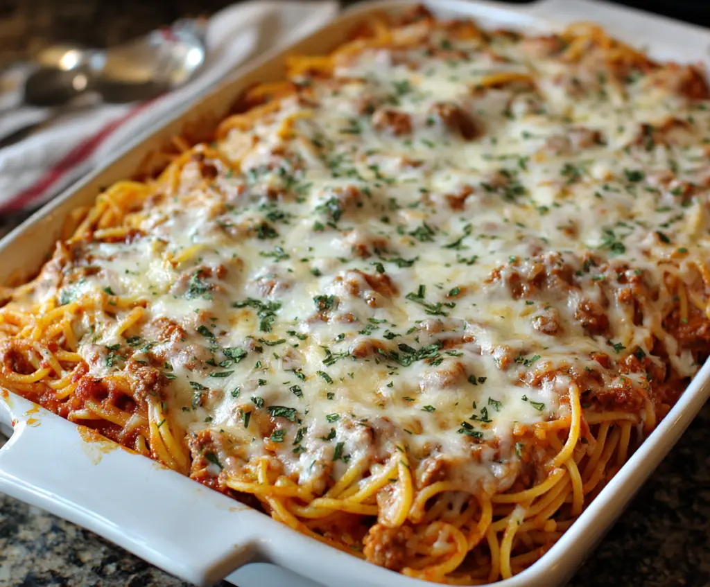 Delicious baked cream cheese spaghetti casserole topped with melted cheese and fresh herbs.