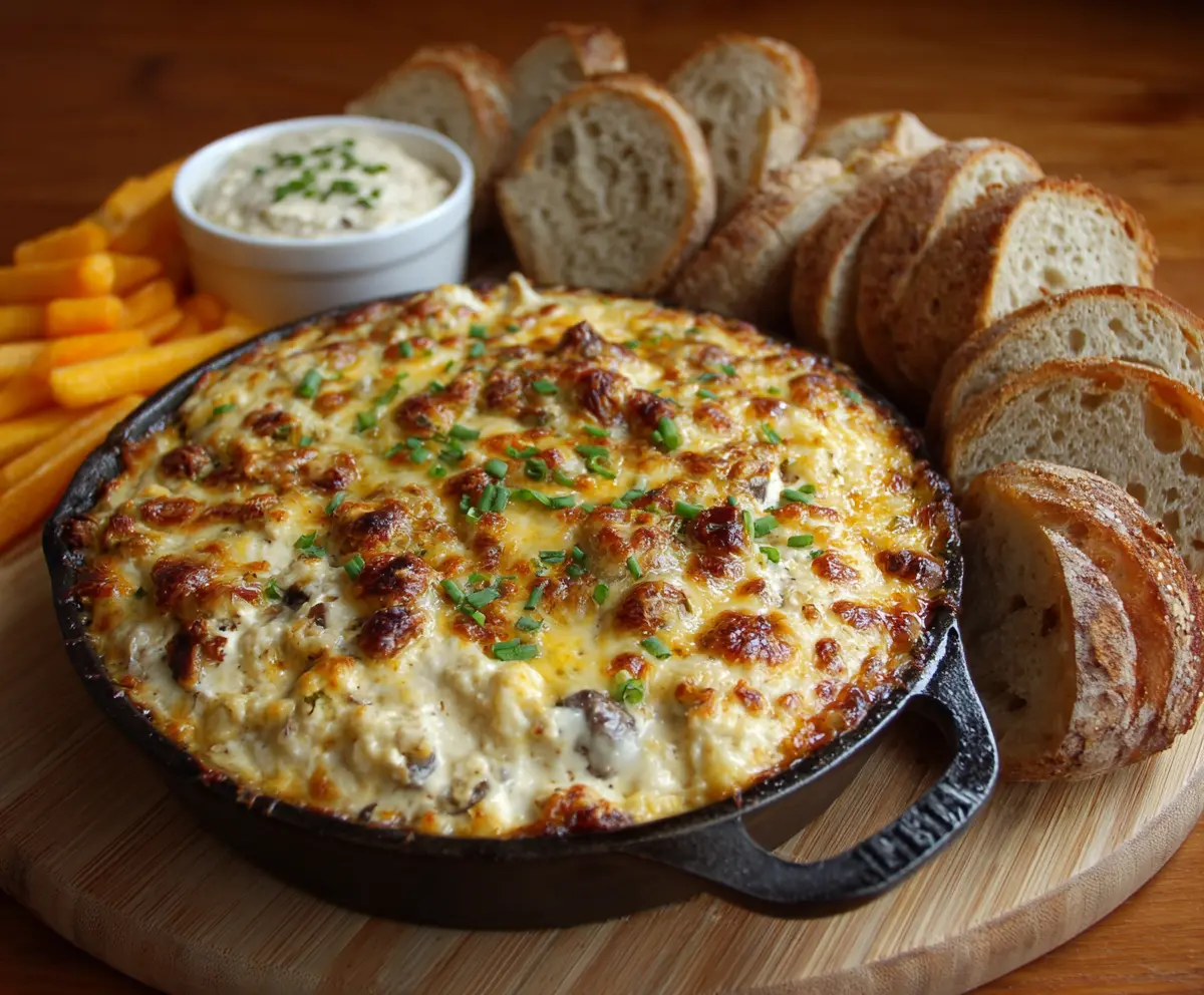 Delicious baked double cheese and sweet onion dip served in a bowl, perfect for parties and gatherings.