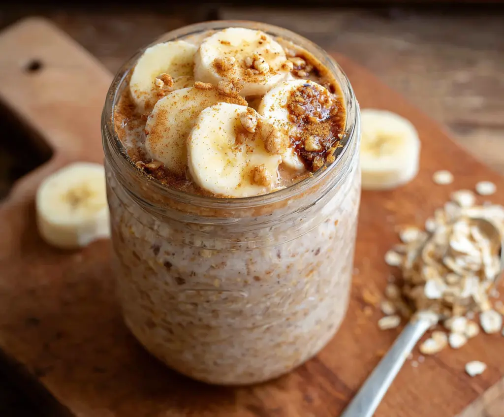 Healthy banana cinnamon overnight oats in a glass jar topped with fresh banana slices and cinnamon sticks