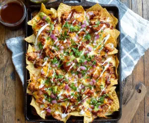 Delicious BBQ chicken nachos topped with melted cheese, jalapenos, and fresh cilantro.