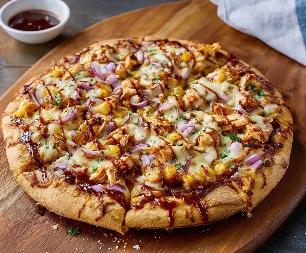 Delicious BBQ Chicken Pizza with melted cheese and smoky barbecue sauce.