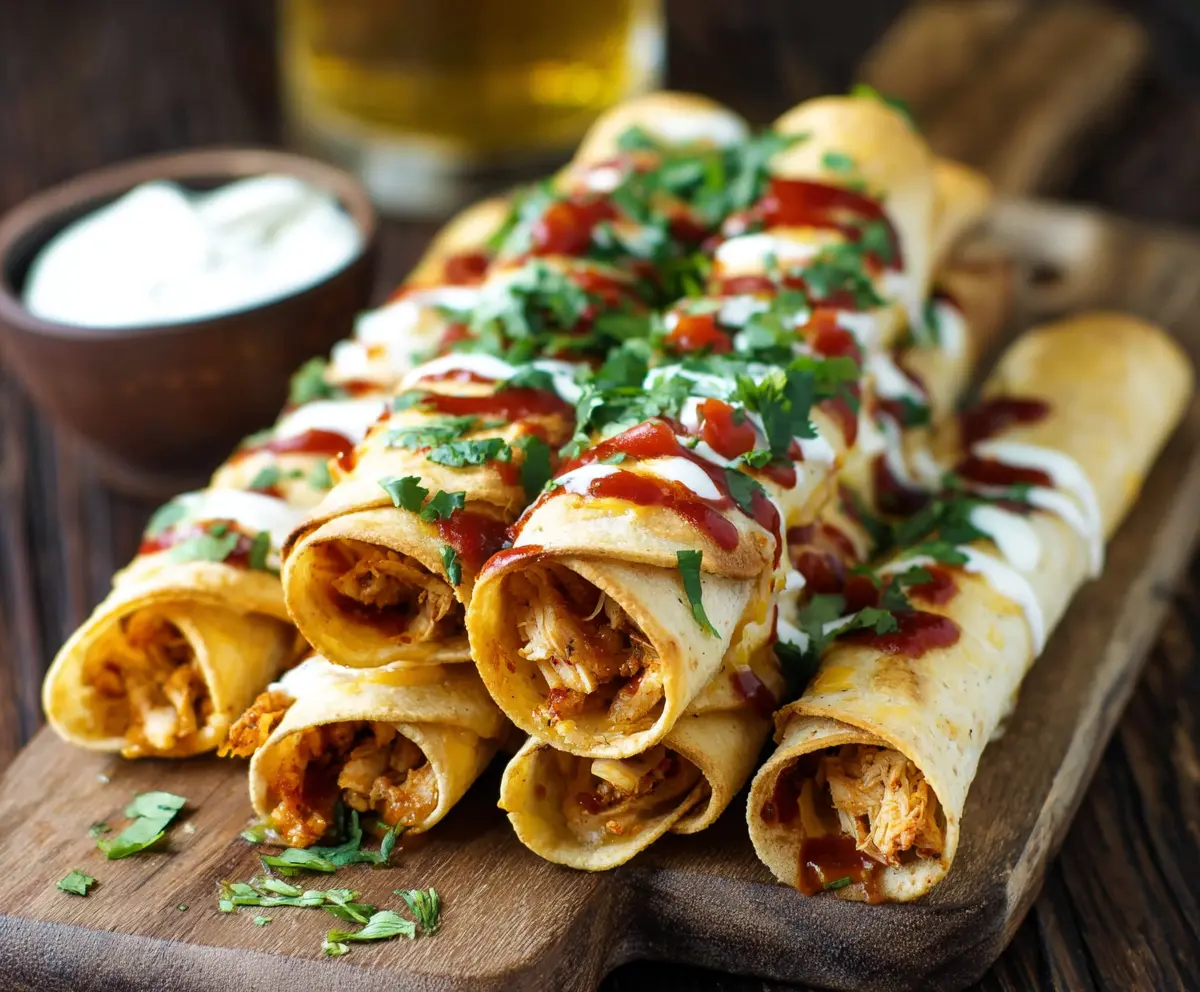 Delicious crispy BBQ chicken taquitos served with dipping sauce, perfect for snacking