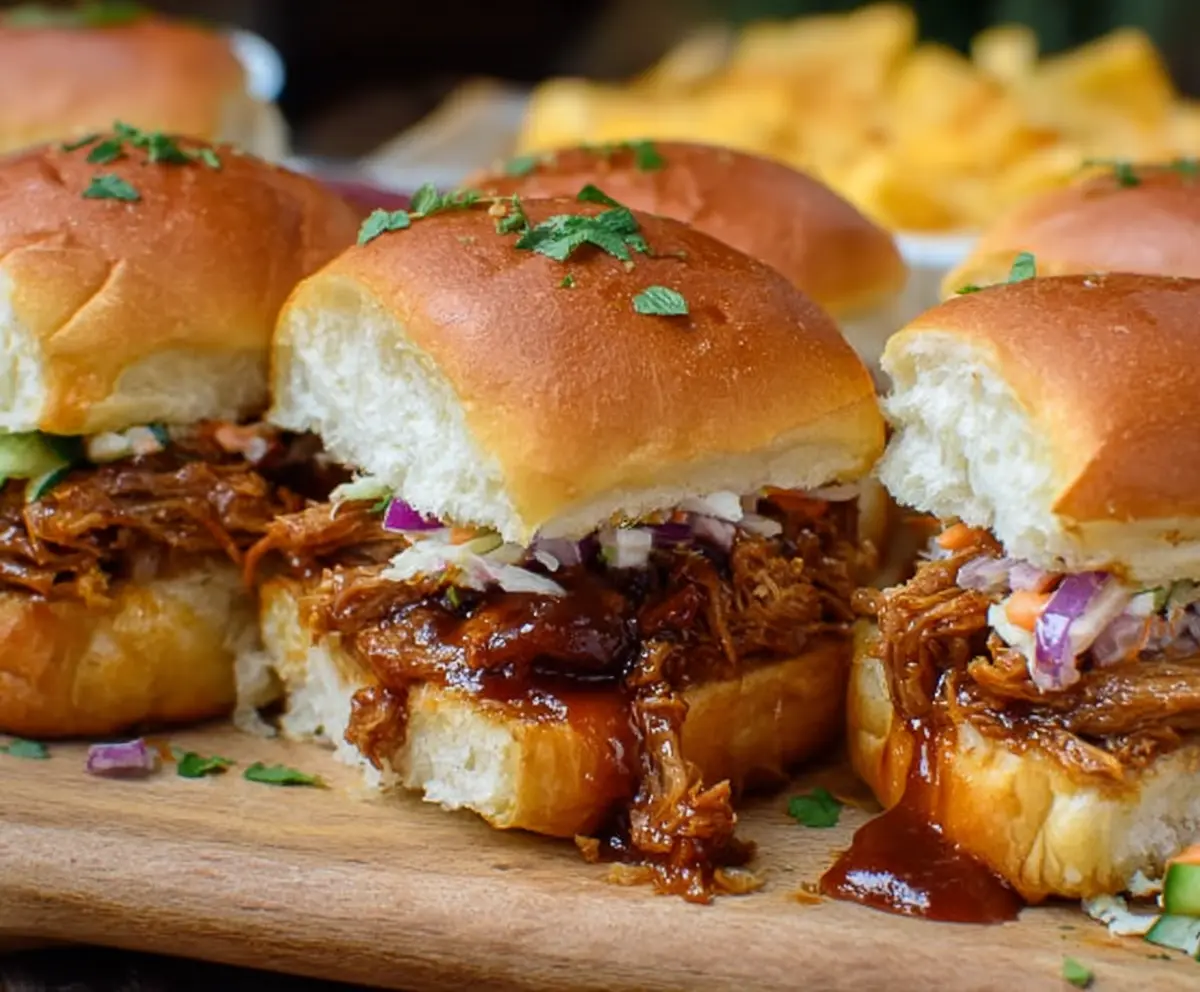 Delicious BBQ pulled pork sliders served on soft Hawaiian rolls, perfect for parties and casual gatherings.