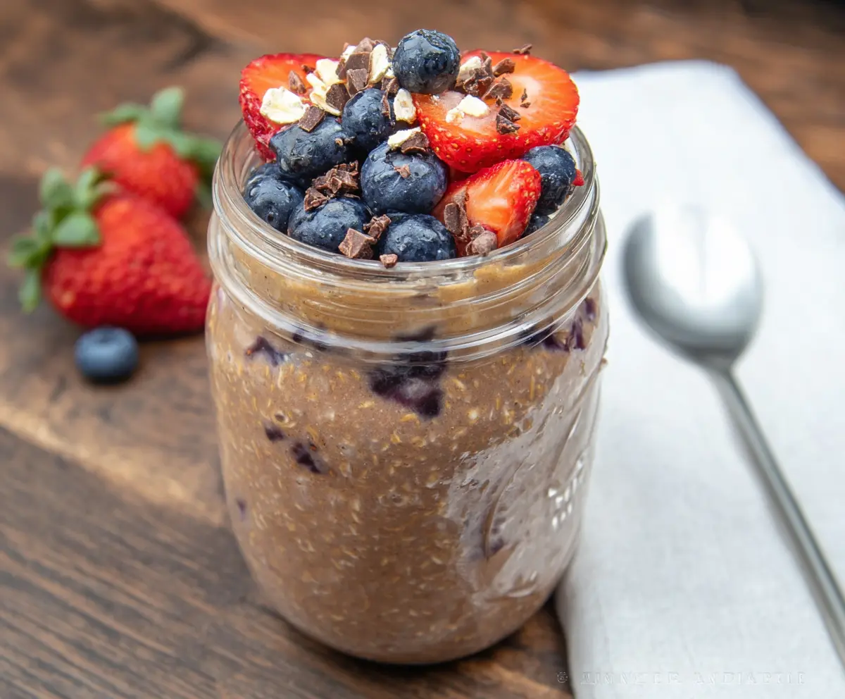 Delicious Berry Chocolate Overnight Oats in a jar topped with fresh berries and chocolate shavings.