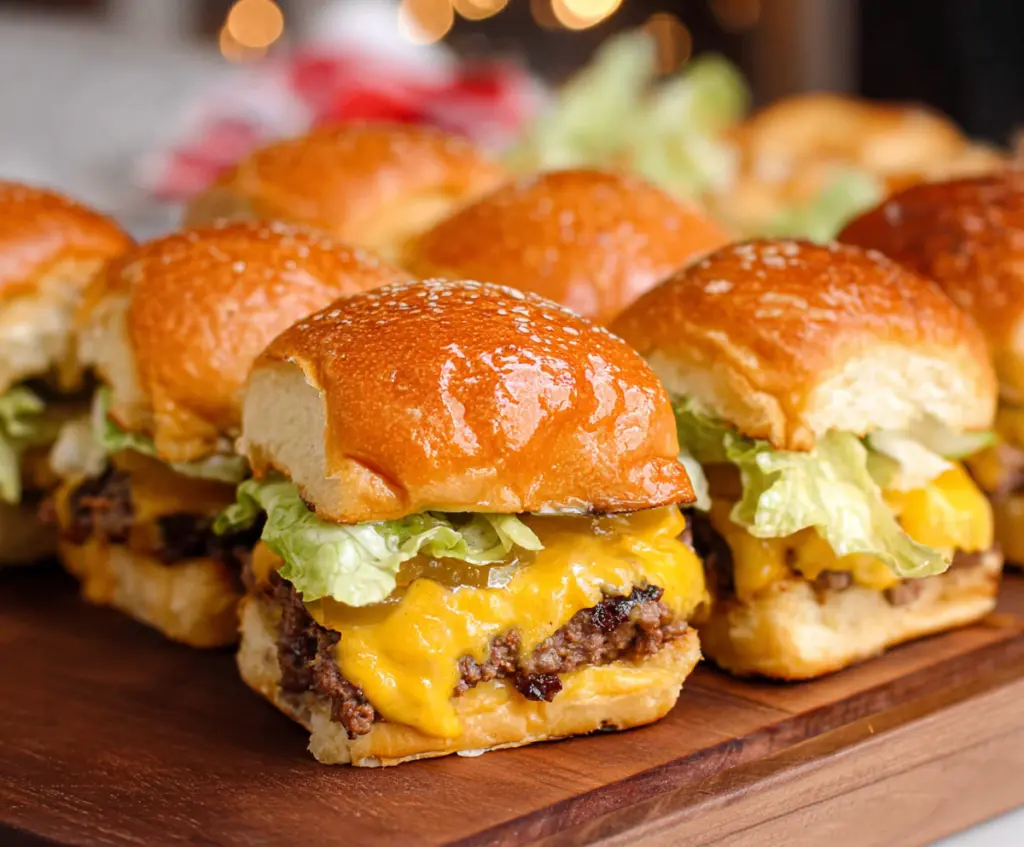 Delicious Big Mac Cheeseburger Sliders stacked with layers of beef patties, cheese, and lettuce.
