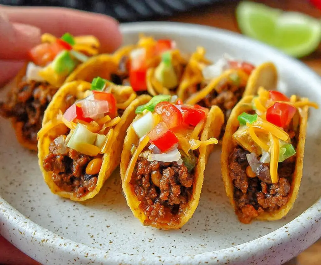Mini tacos with fresh ingredients served in small bite-sized portions.