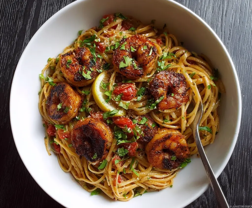 Creamy blackened shrimp pasta dish served with fresh herbs and lemon wedge.