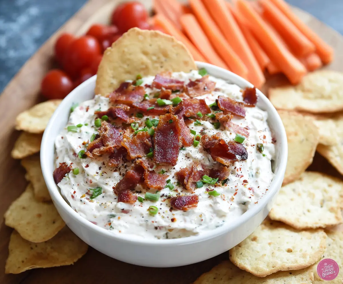 Cream cheese-based BLT dip topped with crispy bacon, fresh lettuce, and tomatoes for a delicious appetizer.
