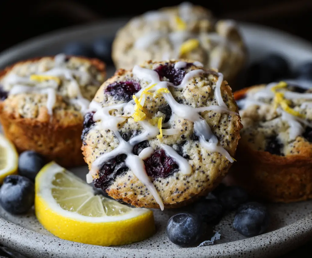 Delicious Blueberry Lemon Poppy Seed Sourdough Muffins fresh out of the oven with golden crust and vibrant blueberries.