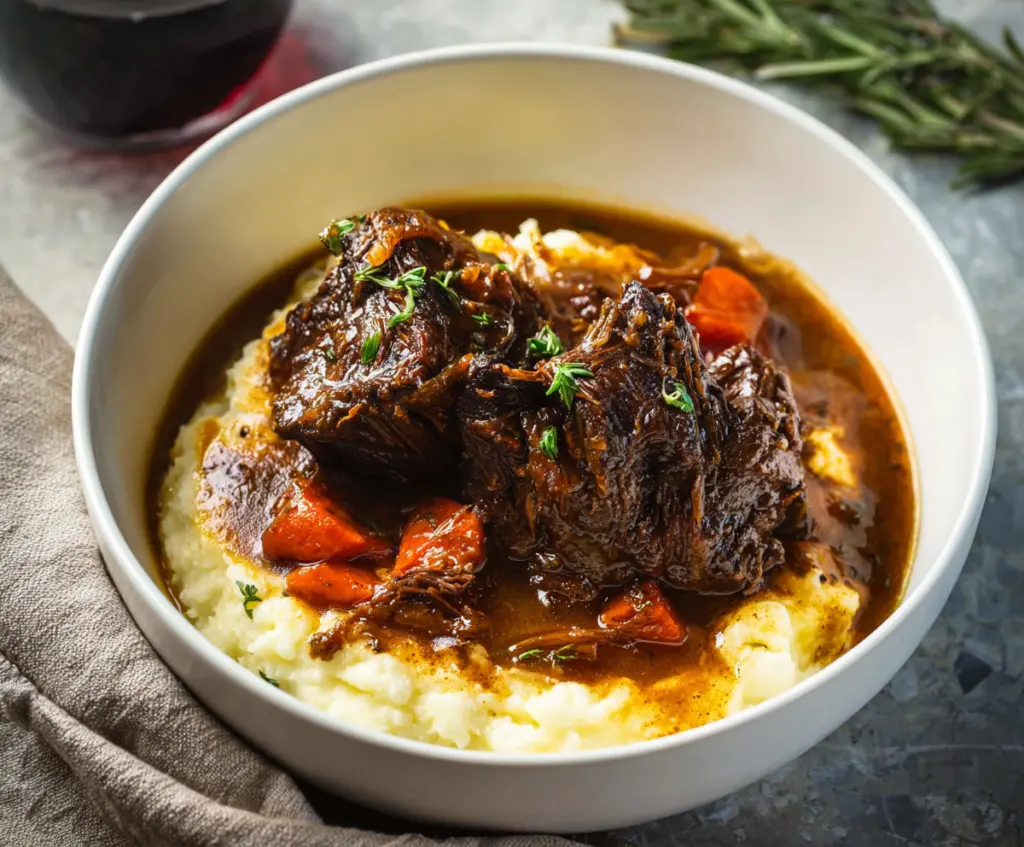 Delicious braised short ribs with tender meat served with savory sauce.