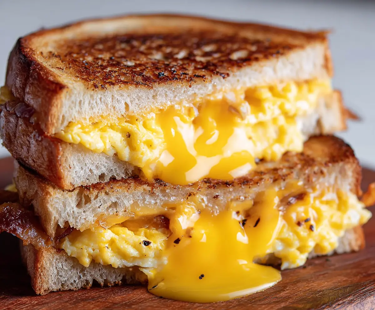 Delicious breakfast grilled cheese sandwich with melted cheese and crispy bread.