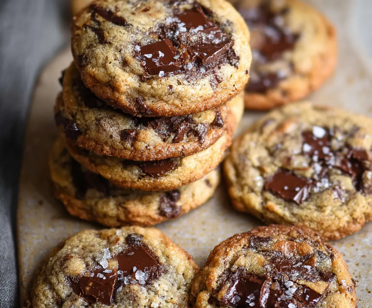 Delicious homemade brown butter sourdough discard chocolate chip cookies on a baking tray.