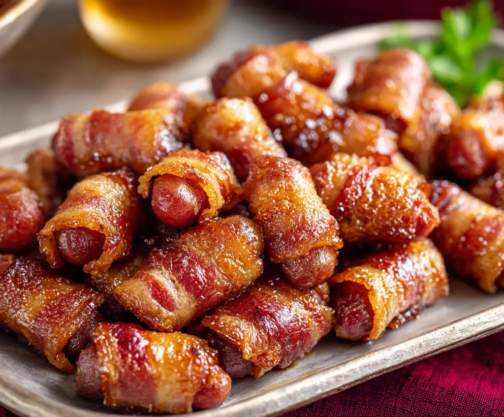 Delicious Brown Sugar Bacon Little Smokies wrapped in crispy bacon and topped with brown sugar.