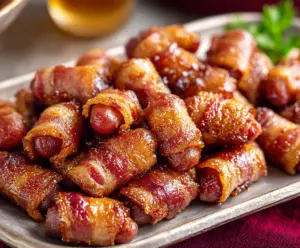 Delicious Brown Sugar Bacon Little Smokies wrapped in crispy bacon and topped with brown sugar.