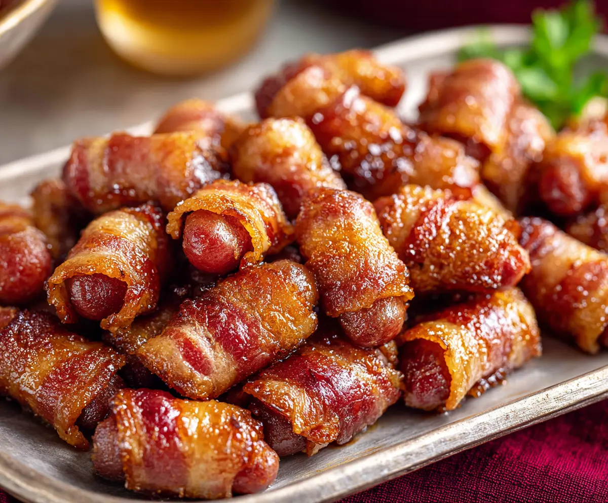 Delicious Brown Sugar Bacon Little Smokies wrapped in crispy bacon and topped with brown sugar.