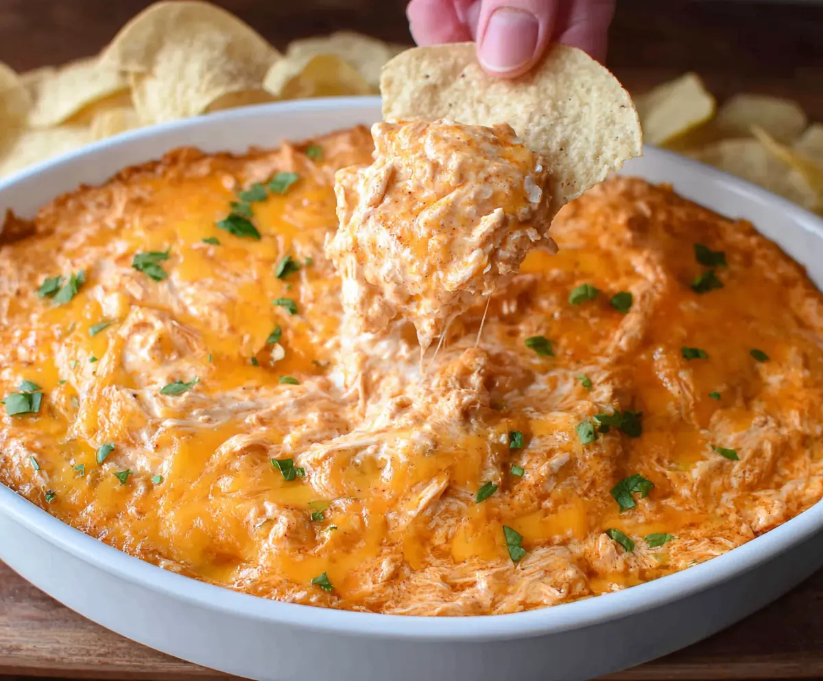 Creamy buffalo chicken dip with melted cheese and chicken served with celery sticks.
