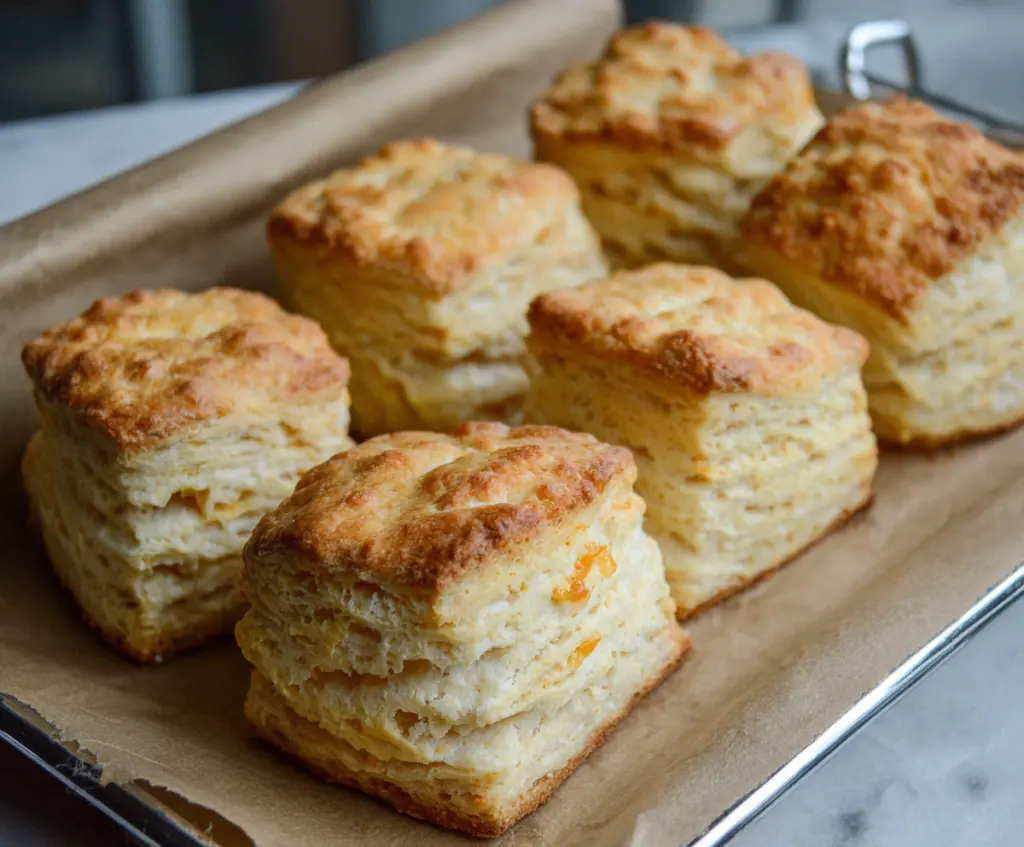 Buttermilk sourdough freezer biscuits fresh out of the oven with golden crust and flaky layers.