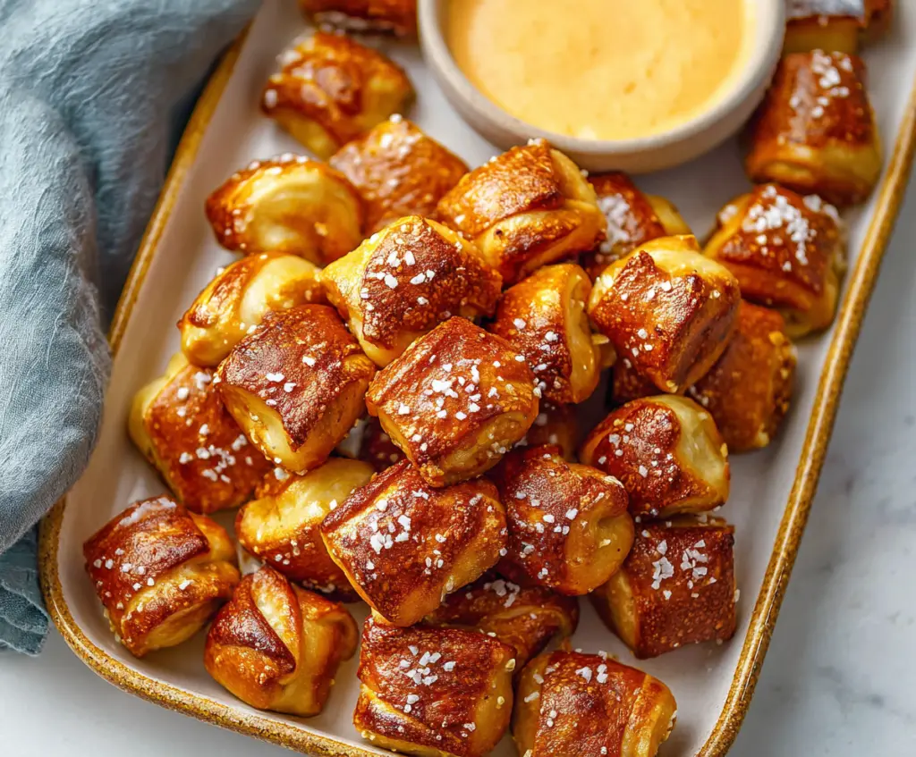 Golden brown buttery soft pretzel bites on a rustic wooden surface, perfect for snacking.