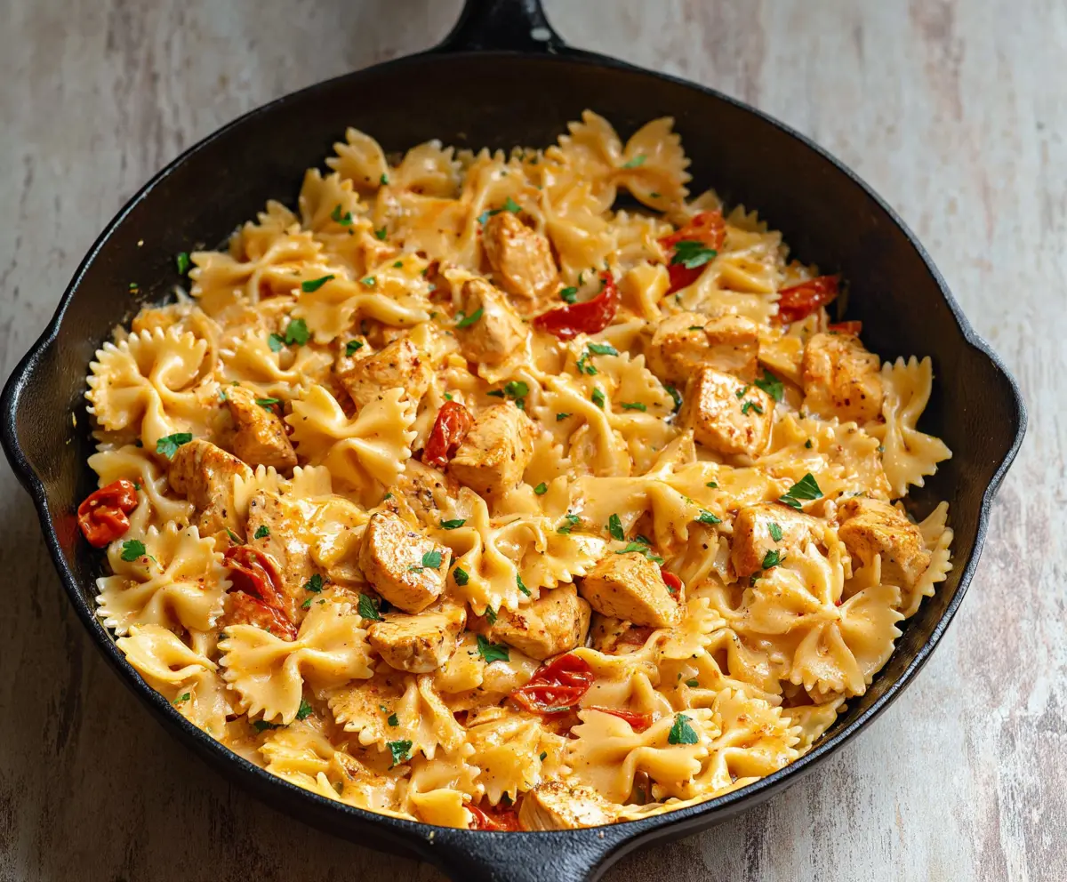 Delicious Cajun Chicken Bowtie Pasta Skillet served in a skillet with vibrant vegetables and seasoned chicken.