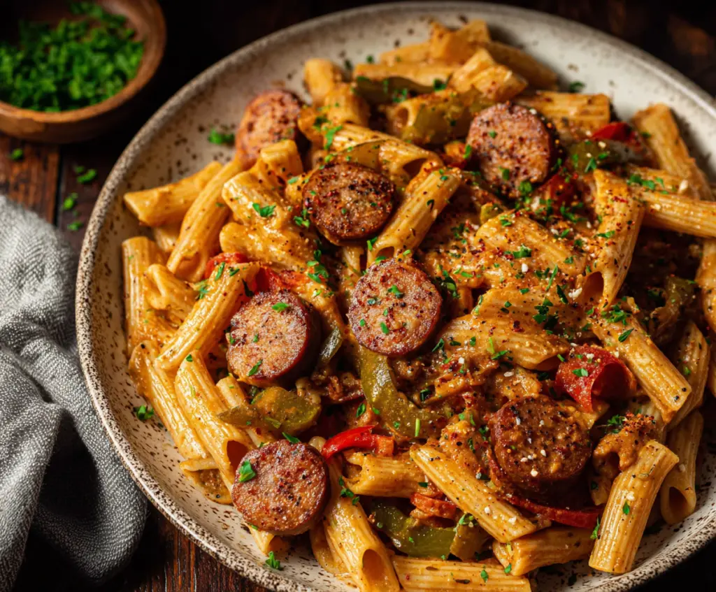 Delicious Cajun Sausage Pasta with colorful bell peppers and a creamy sauce