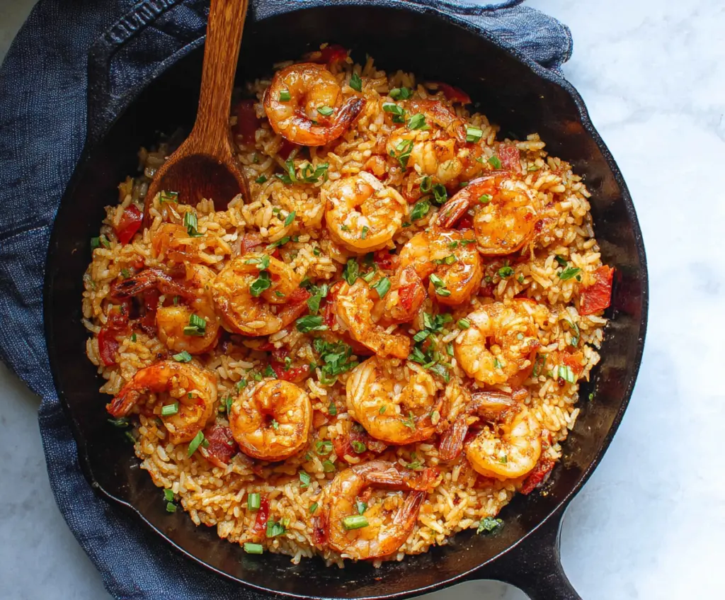 Delicious Cajun Shrimp and Rice Skillet with vibrant spices and fresh shrimp.