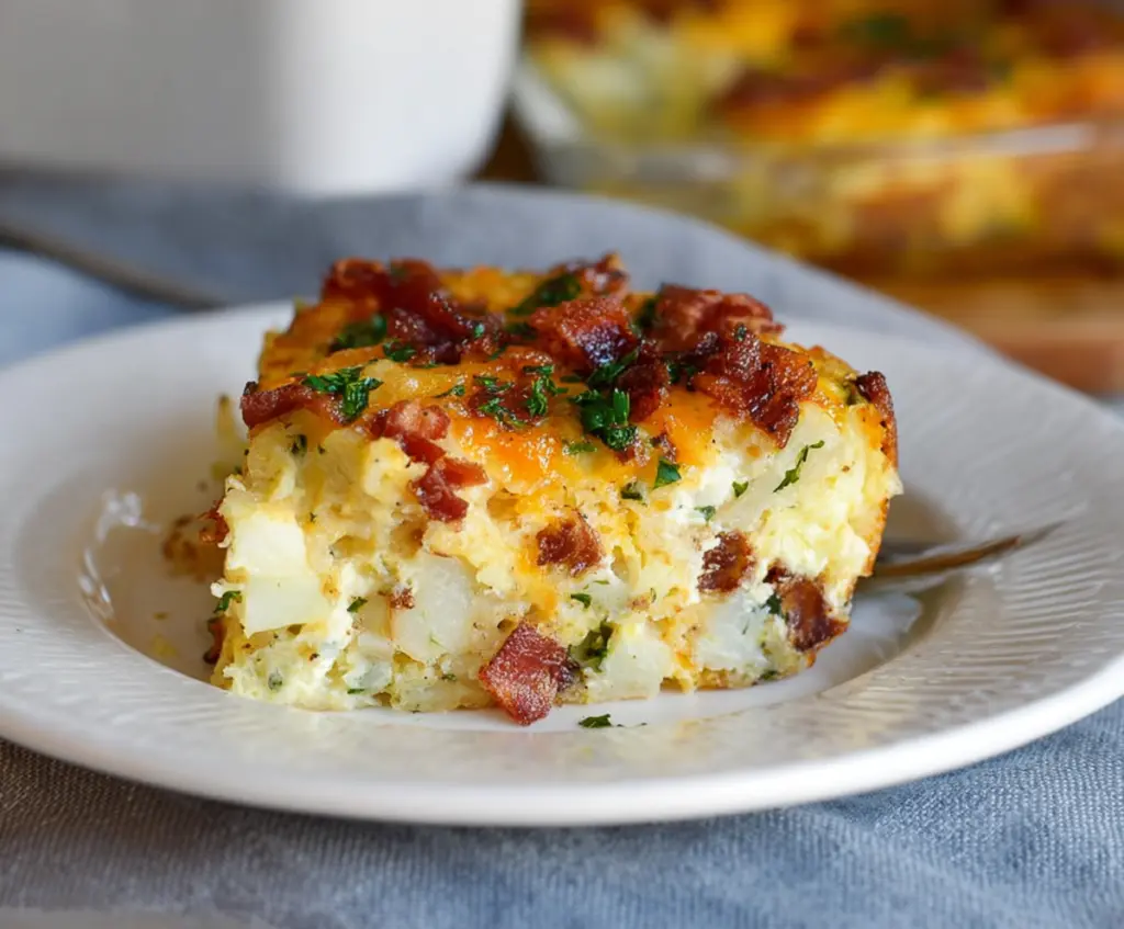 Delicious cheesy bacon and potato breakfast casserole topped with crispy bacon and melted cheese.