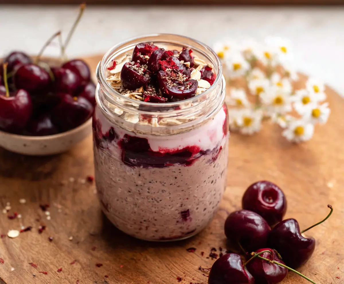 Creamy Cherry Overnight Oats with fresh cherries and chia seeds in a glass jar.