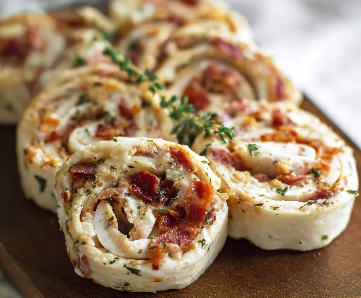 Delicious Chicken Bacon Ranch Pinwheels on a plate, showcasing a savory appetizer with crispy bacon, tender chicken, and creamy ranch filling.