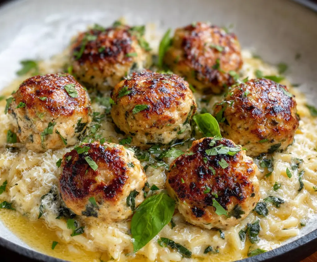 Delicious homemade chicken ricotta meatballs served with marinara sauce on a plate.